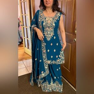 Elegant Teal Embroidered kurta set with Sharara